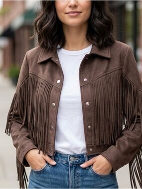 Birch & Stone Chocolate Brown Western Boho Suede Style Cowgirl Fringe Jacket M